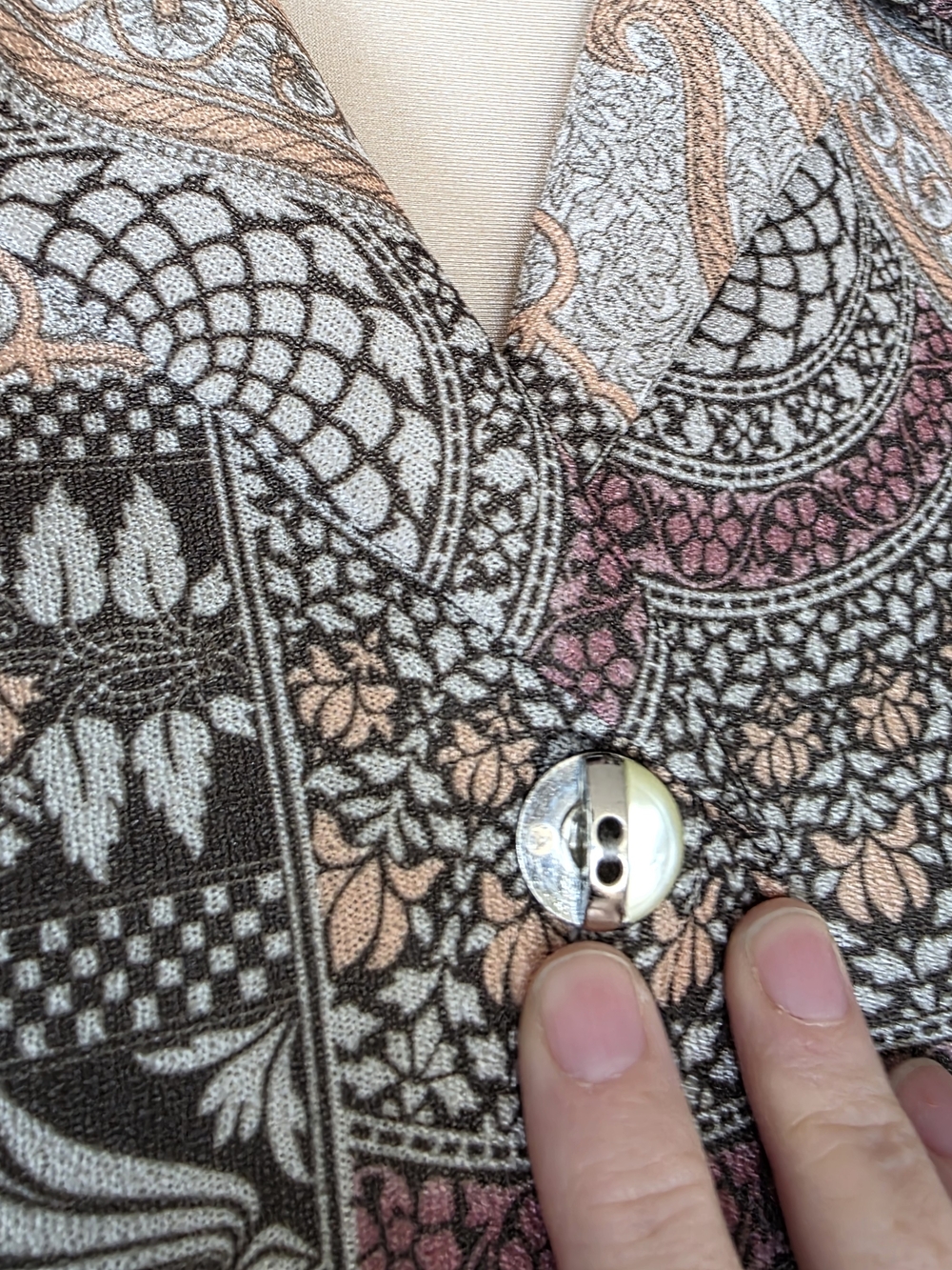 Long-Sleeve Patchwork Paisley Shirt Dress in Taupe and Mauve - Picture 8 of 14